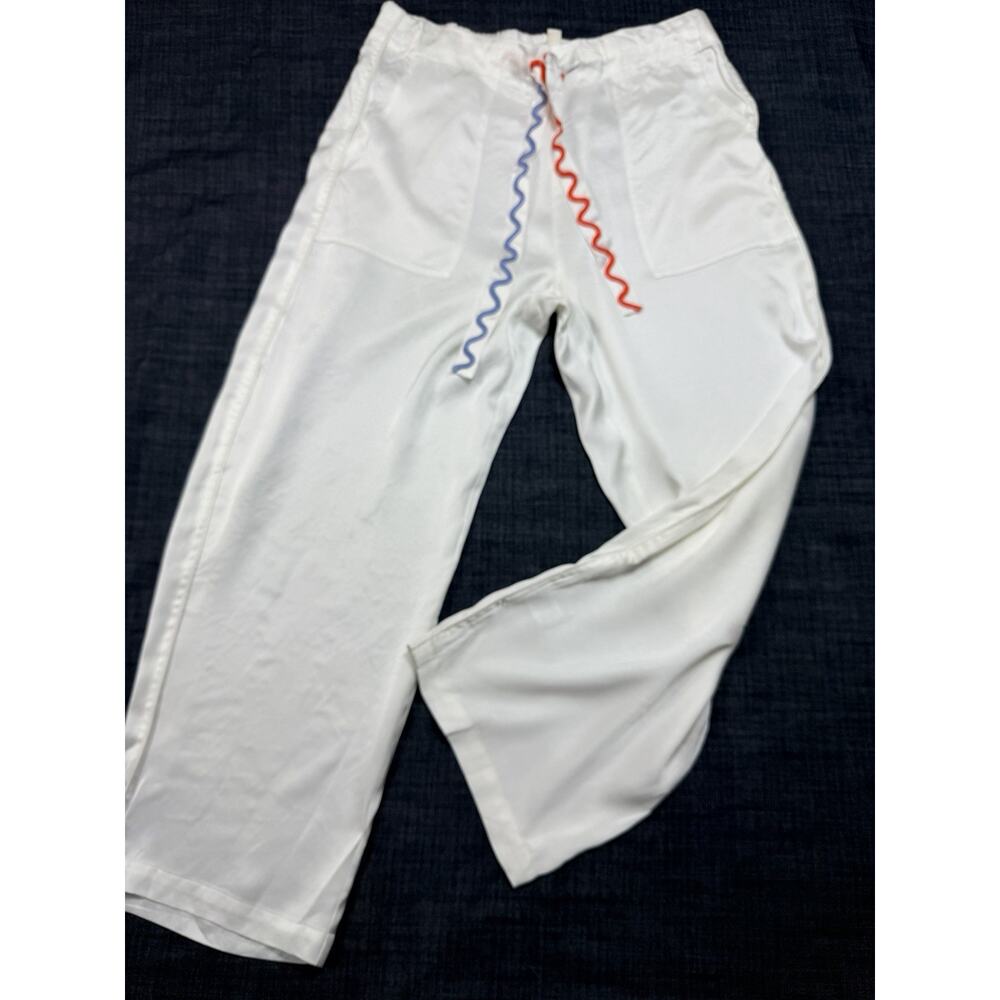 Kerri Rosenthal White Silk Trim Drawstring Pants M Wide Leg Rick Rack Trousers